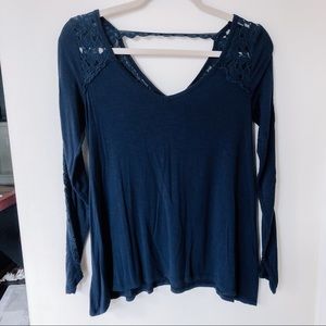 Abercrombie Lace Detail Navy Top Long Sleeve Tee